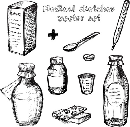 Medical hand drawn black and white sketches vector setのイラスト素材