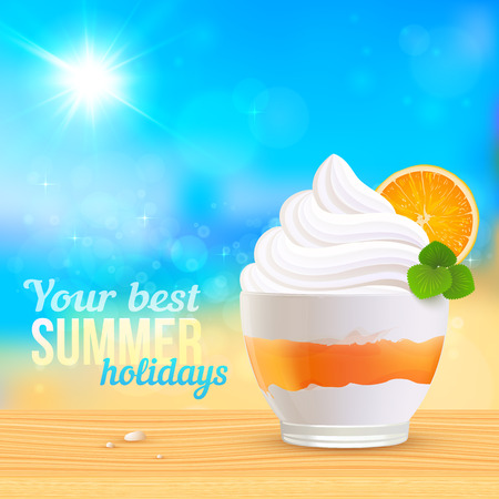 Summer creamy dessert with orange slice on sunny beach, vector illustrationのイラスト素材