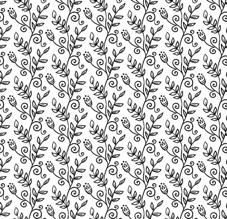 Black and white doodle foliage vector seamless patternのイラスト素材