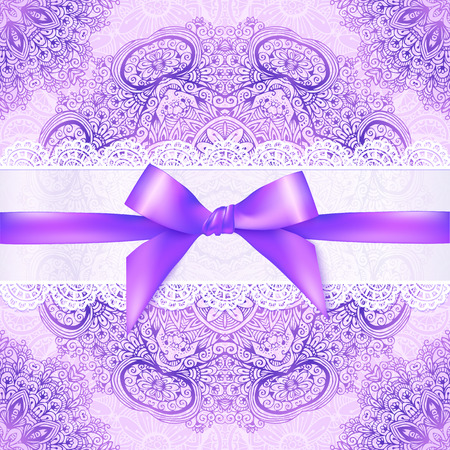 Violet lacy greeting card cover with purple ribbonのイラスト素材