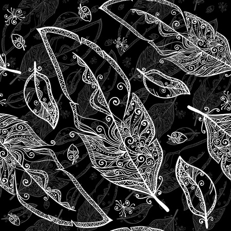 Black and white doodle feathers seamless patternのイラスト素材
