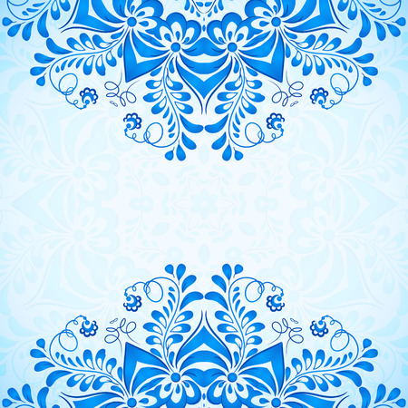 Blue greeting card template with floral pattern in gzhel styleのイラスト素材
