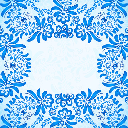 Blue greeting card template with floral pattern in gzhel styleのイラスト素材