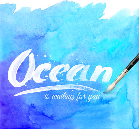 Ocean calligraphy sign on blue watercolor backgroundのイラスト素材