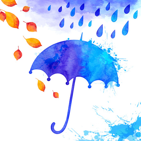 Blue watercolor painted umbrella under the rainのイラスト素材