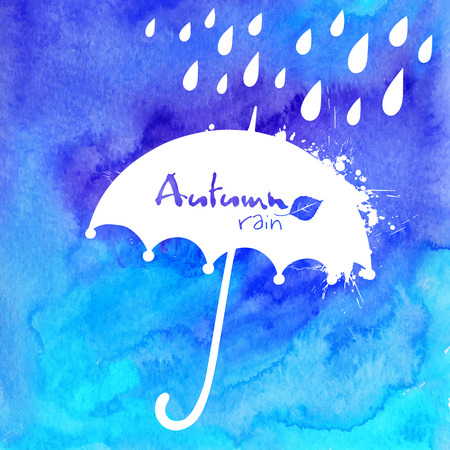 Blue watercolor painted umbrella and rain illustrationのイラスト素材