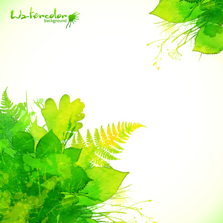 Watercolor painted green summer leaves backgroundのイラスト素材