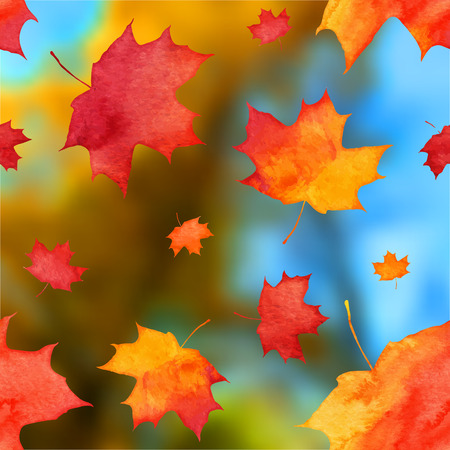 Vector autumn watercolor leaves on blurred backgroundのイラスト素材
