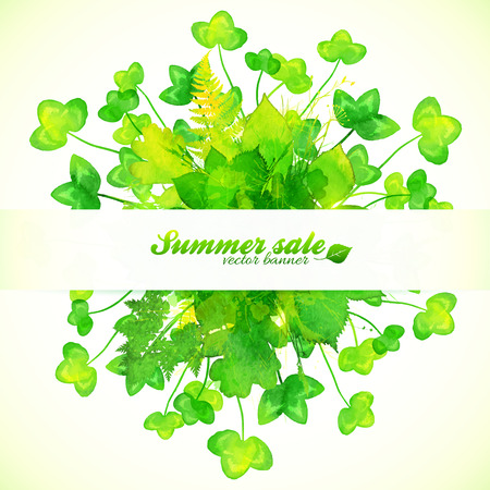 Green watercolor painted clover leaves bouquet with paper bannerのイラスト素材