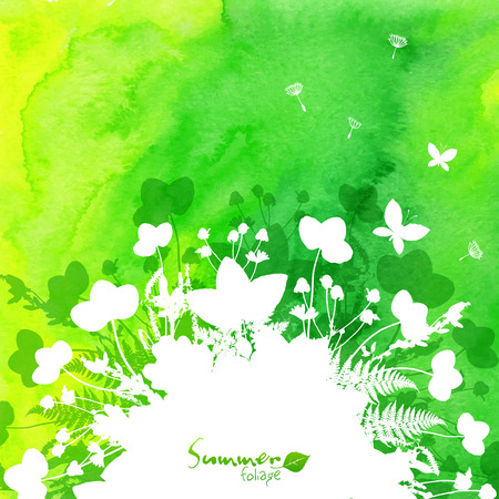 Green watercolor background with white leaves silhouettesのイラスト素材