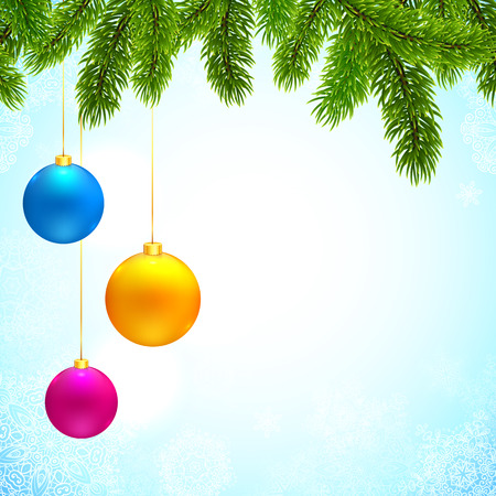 Christmas background with fir tree branches and colorful hanging ballsのイラスト素材