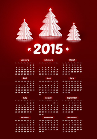 Vector 2015 new year calendar with realistic paper Christmas treesのイラスト素材