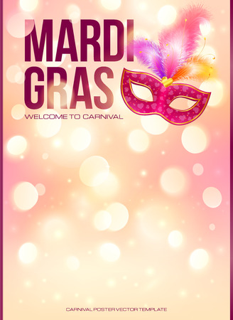 Light pink Mardi Gras poster template with bokeh effect and carnival mask