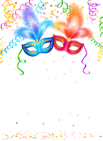 Bright carnival masks with confetti and serpentine on white backgroundのイラスト素材