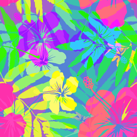 Vivid colors bright tropical flowers vector seamless patternのイラスト素材