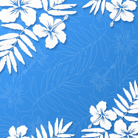 White paper tropical flowers on blue summer backgroundのイラスト素材