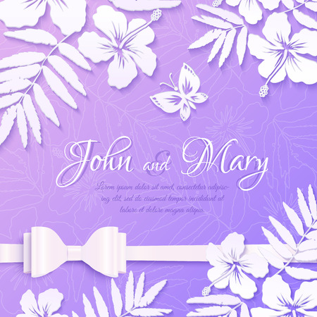 White cutout paper tropical flowers on purple background, wedding card templateのイラスト素材