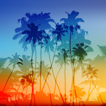 Vector palms silhouettes tropical sunset backgroundのイラスト素材