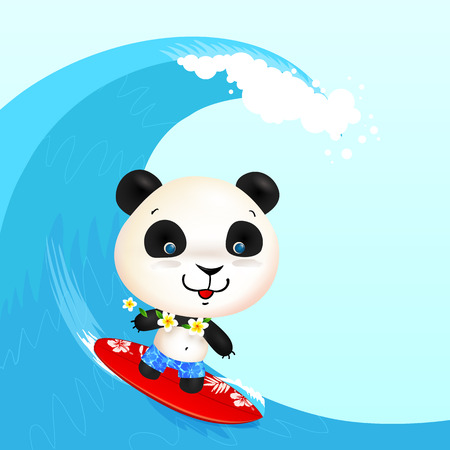Little cute surfer panda surfing in blowing waveのイラスト素材