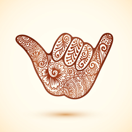 Vector shaka surfers hand in Indian henna tattoo styleのイラスト素材