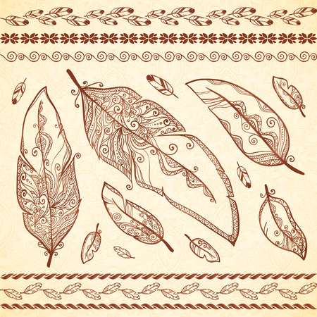 Indian mehndi style vector hand drawn feathers setのイラスト素材