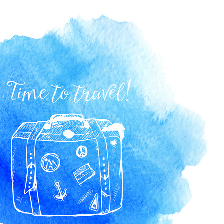 Blue vector watercolor splash with white sketched suitcase and Time to travel textのイラスト素材