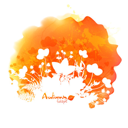 Orange isolated vector watercolor stain with white foliage silhouetteのイラスト素材