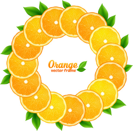 Fresh orange slices with leaves vector round frameのイラスト素材