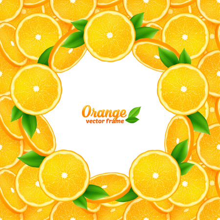 Juicy orange slices vector round frame on seamless backgroundのイラスト素材