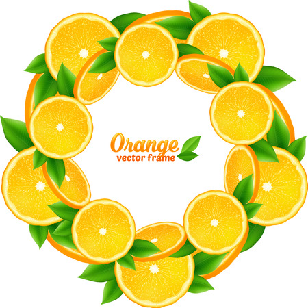 Juicy orange slices with leaves vector round frameの写真素材