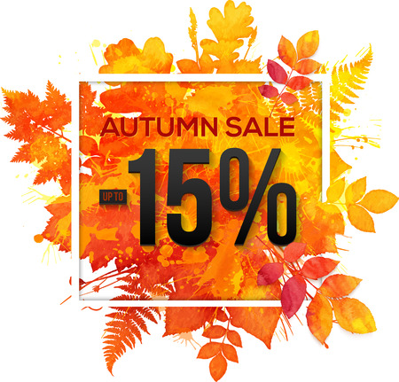 Autumn sale 15 percent discount vector banner with orange foliage in watercolor styleの写真素材
