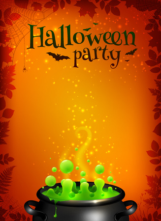 Orange vector Halloween poster template with green potion in black cauldronのイラスト素材