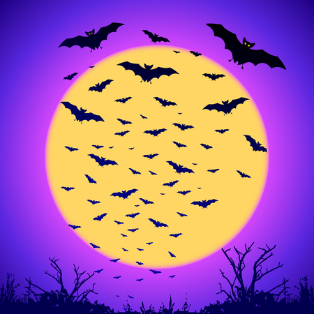 Black vector bats silhouettes on big yellow moon at purple backgroundのイラスト素材