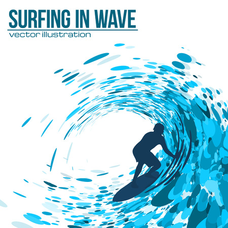 Vector surfer silhouette in blue wave on white backgroundのイラスト素材