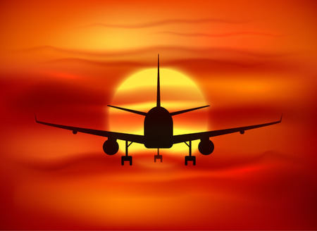 Black vector plane silhouette at red sunset backgroundのイラスト素材