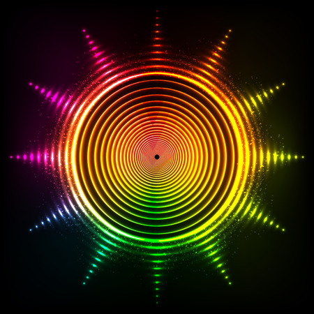 Vector shining neon rainbow colors sun at black backgroundのイラスト素材
