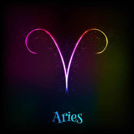 Shining neon zodiac Aries vector symbol at dark backgroundのイラスト素材