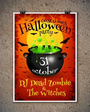 Bright orange vector Halloween party poster template with green witches cauldron, moon and batsのイラスト素材