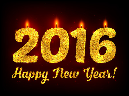 Golden glitter New Year 2016 vector candles at dark backgroundのイラスト素材