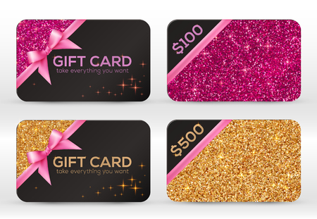 Set of golden and pink glitter vector black gift cards templates