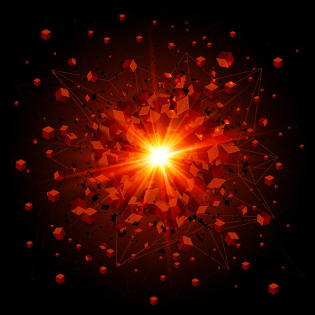 Black cubes and red fire vector explosion on black backgroundのイラスト素材