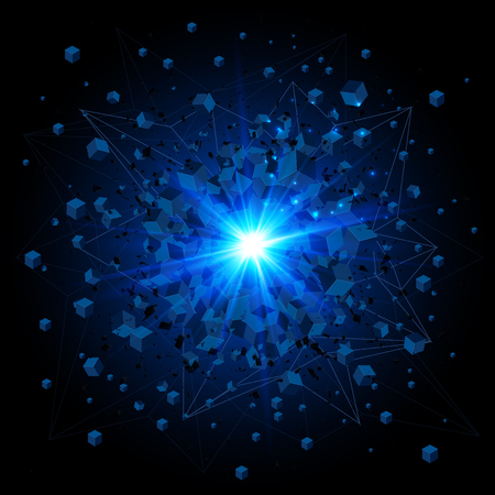 Black cubes and blue vector explosion on black backgroundのイラスト素材