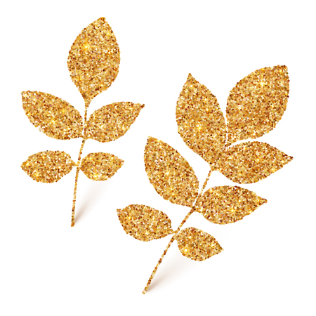 Golden glitter vector leaves isolated on white backgroundのイラスト素材