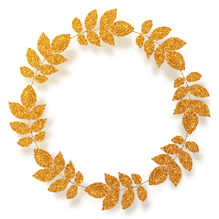 Golden glitter leaves vector round frame with shadowのイラスト素材