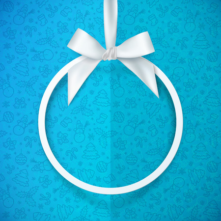 White holiday vector round frame with bow and silky ribbon at blue Christmas doodle folded paper backgroundのイラスト素材