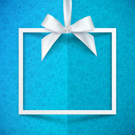 White paper gift box vector frame with silky bow and ribbon on blue Christmas pattern backgroundのイラスト素材