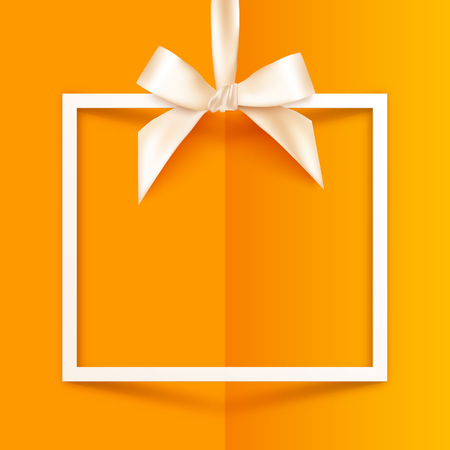 White vector gift box frame with silky bow and ribbon on orange folded paper backgroundのイラスト素材
