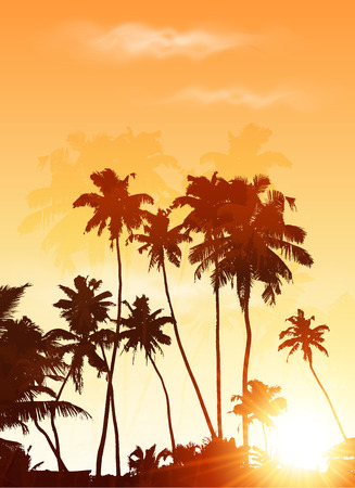 Orange sunset palms silhouettes vector poster backgroundのイラスト素材