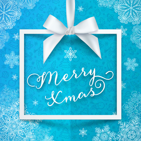 White vector frame with silky ribbon and bow on blue Christmas background with snowflakesのイラスト素材