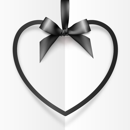 Black vector heart shape frame hanging on silky ribbon with bow at white folded backgroundのイラスト素材